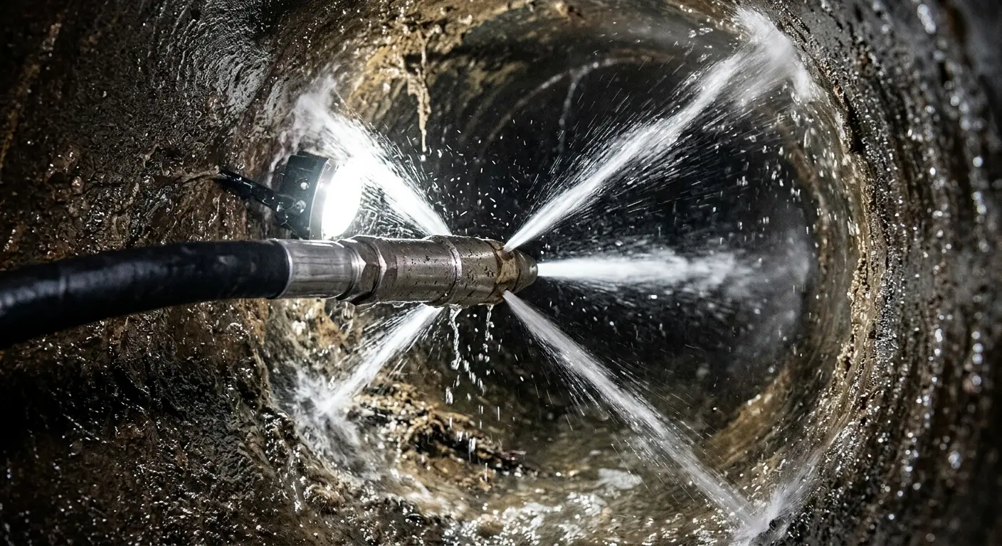 High-pressure hydro jetting nozzle cleaning sewer pipe for Emergency Drain Service in Central