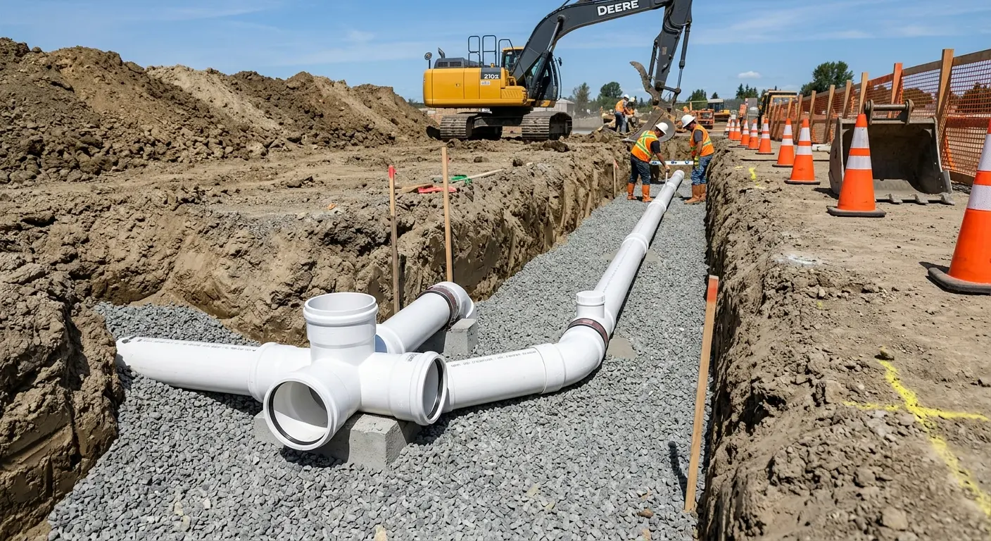 New PVC sewer pipe installation in open trench for Commercial Drain Cleaning in Central