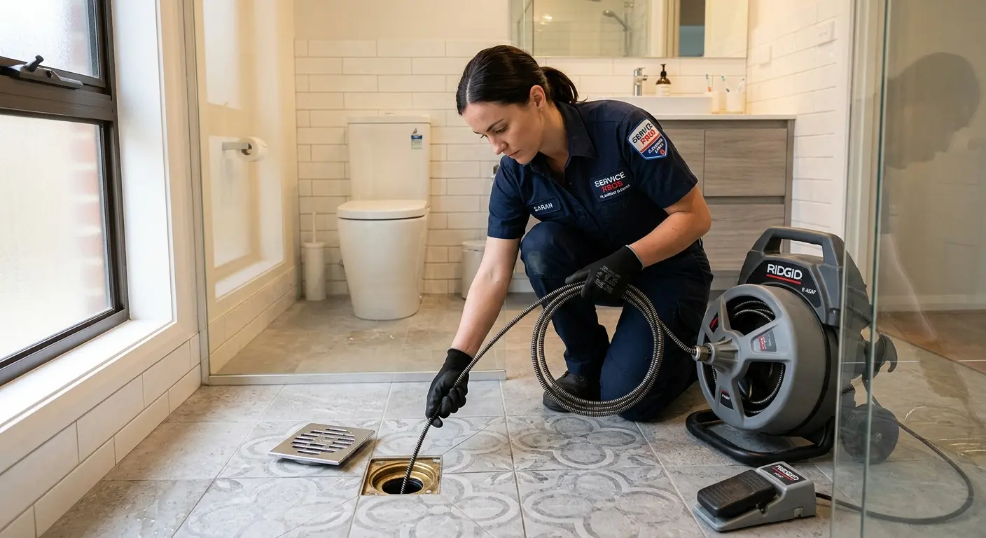 Technician clearing a bathroom floor drain for Clogged Drain Repair in Central